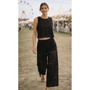 Lucky black Eyelet Matchback Pants & Shell Top Med Set Boho Resort Wear Festival